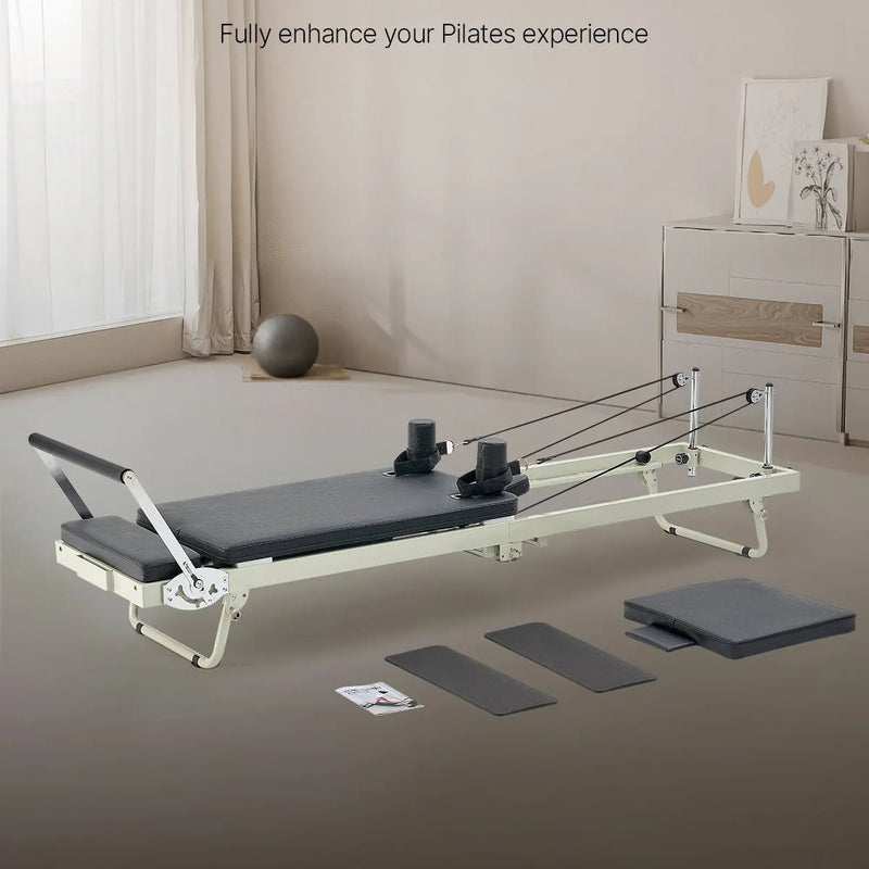 VEVOR salokāms pilates reformeris ar dubulto pretestību (atsperes un troses), pilates treniņu iekārta mājas sporta zālei un studijai, piemērots iesācējiem un pieredzējušiem lietotājiem, slodze līdz 181 kg - ZEMLETES.LV