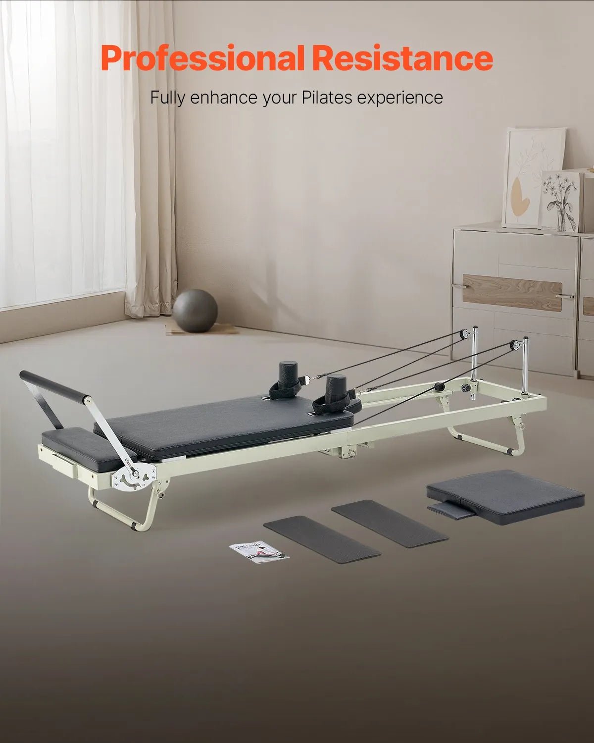 VEVOR salokāms pilates reformeris ar dubulto pretestību (atsperes un troses), pilates treniņu iekārta mājas sporta zālei un studijai, piemērots iesācējiem un pieredzējušiem lietotājiem, slodze līdz 181 kg - ZEMLETES.LV
