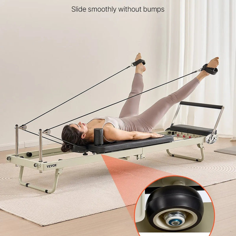 VEVOR salokāms pilates reformeris ar dubulto pretestību (atsperes un troses), pilates treniņu iekārta mājas sporta zālei un studijai, piemērots iesācējiem un pieredzējušiem lietotājiem, slodze līdz 181 kg - ZEMLETES.LV