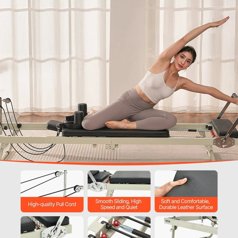 VEVOR salokāms pilates reformeris ar dubulto pretestību (atsperes un troses), pilates treniņu iekārta mājas sporta zālei un studijai, piemērots iesācējiem un pieredzējušiem lietotājiem, slodze līdz 181 kg - ZEMLETES.LV
