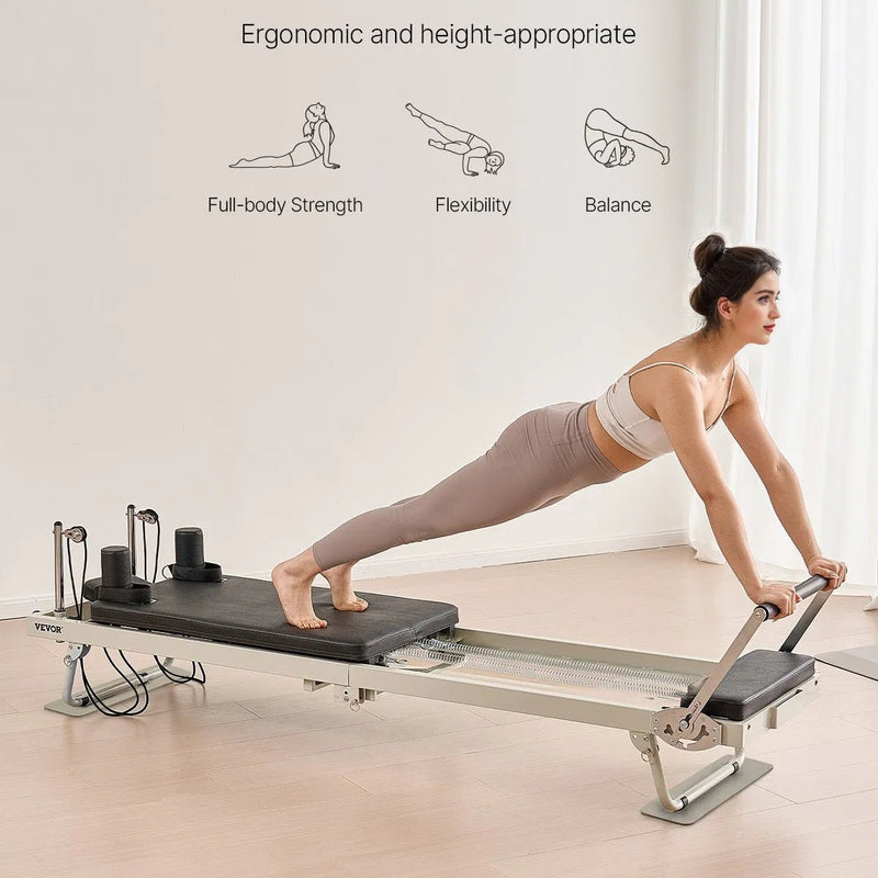 VEVOR salokāms pilates reformeris ar dubulto pretestību (atsperes un troses), pilates treniņu iekārta mājas sporta zālei un studijai, piemērots iesācējiem un pieredzējušiem lietotājiem, slodze līdz 181 kg - ZEMLETES.LV