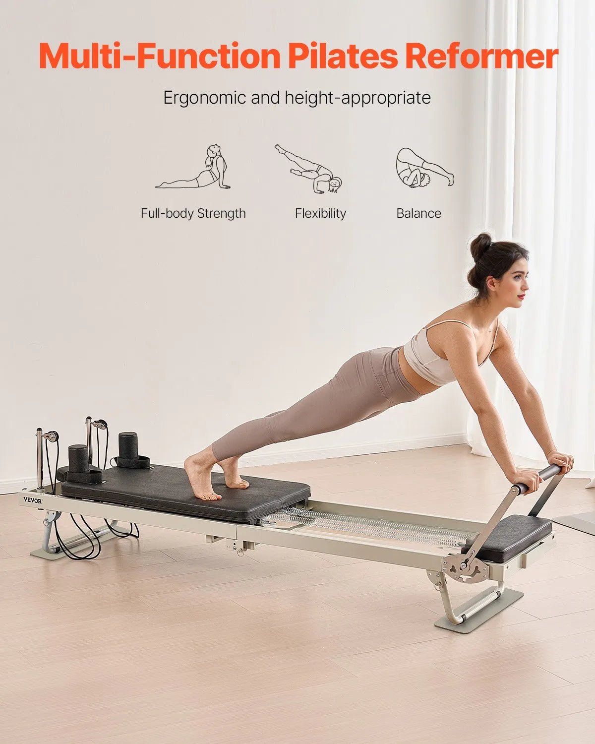 VEVOR salokāms pilates reformeris ar dubulto pretestību (atsperes un troses), pilates treniņu iekārta mājas sporta zālei un studijai, piemērots iesācējiem un pieredzējušiem lietotājiem, slodze līdz 181 kg - ZEMLETES.LV
