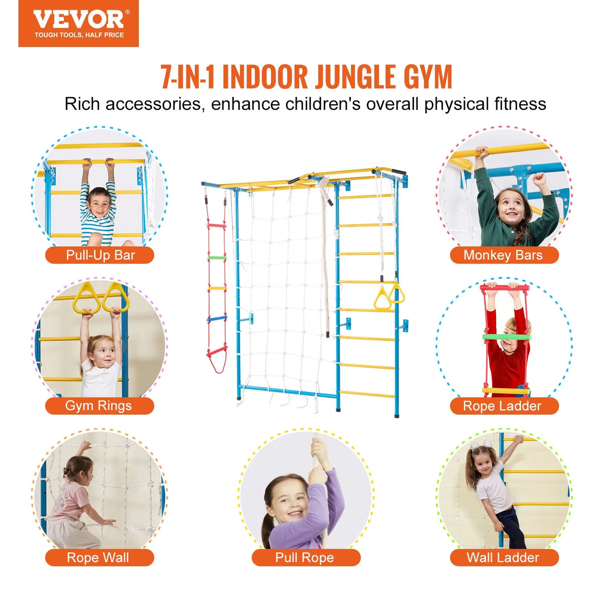 VEVOR 7 in 1 Steel Swedish Wall for Kids with Pull-up Bar, Rope Ladder and Rings, up to 100 kg