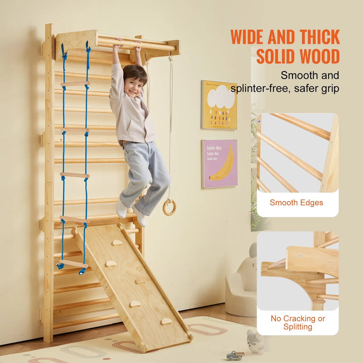 VEVOR 5 in 1 Wooden Swedish Wall with Pull-Up Bar, Rings, Rope Ladder and Slide, Up to 100 kg