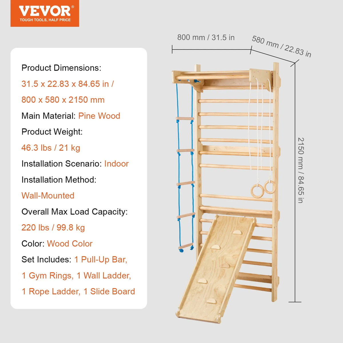 VEVOR 5 in 1 Wooden Swedish Wall with Pull-Up Bar, Rings, Rope Ladder and Slide, Up to 100 kg