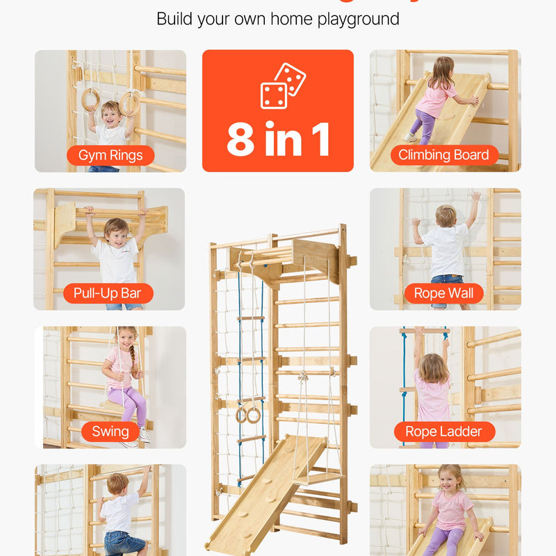 VEVOR zviedru sienas kāpnes, sienas trenažieris, 8-in-1, 12 līmeņu masīvkoka, bērniem un pieaugušajiem, iekšējais “jungle gym” rotaļu un treniņu komplekts ar kāpšanas dēli, pievilkšanās stieni, sienas kāpnēm, slidkalniņu un šūpolēm, kravnesība 99,79 kg