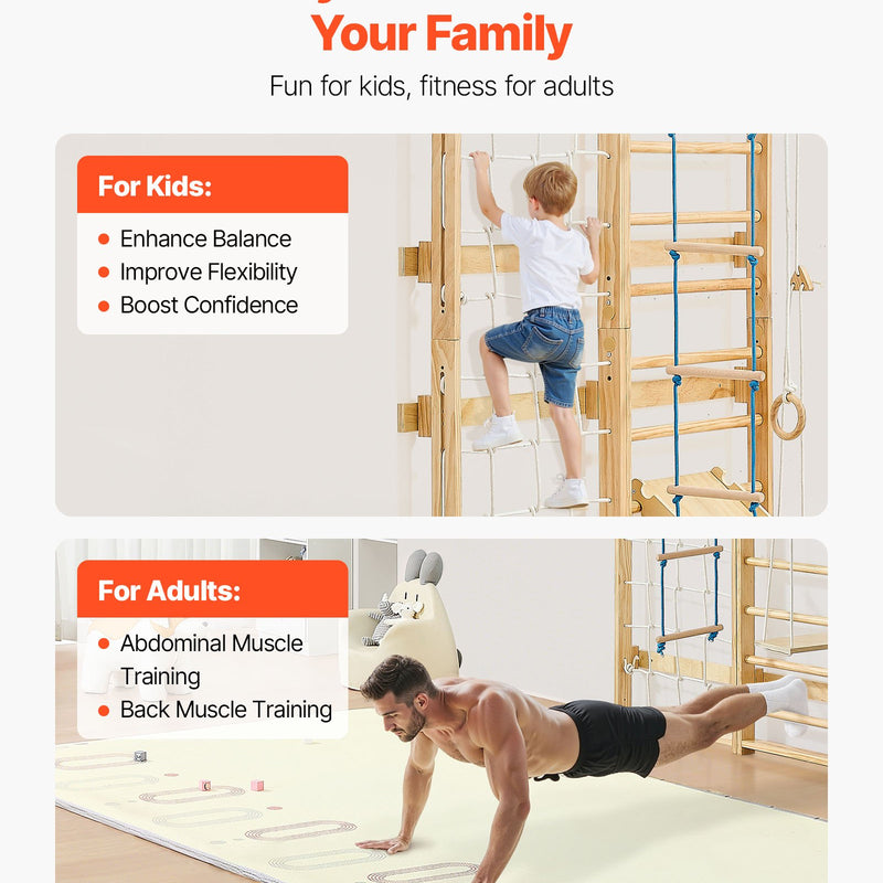 VEVOR zviedru sienas kāpnes, sienas trenažieris, 8-in-1, 12 līmeņu masīvkoka, bērniem un pieaugušajiem, iekšējais “jungle gym” rotaļu un treniņu komplekts ar kāpšanas dēli, pievilkšanās stieni, sienas kāpnēm, slidkalniņu un šūpolēm, kravnesība 99,79 kg