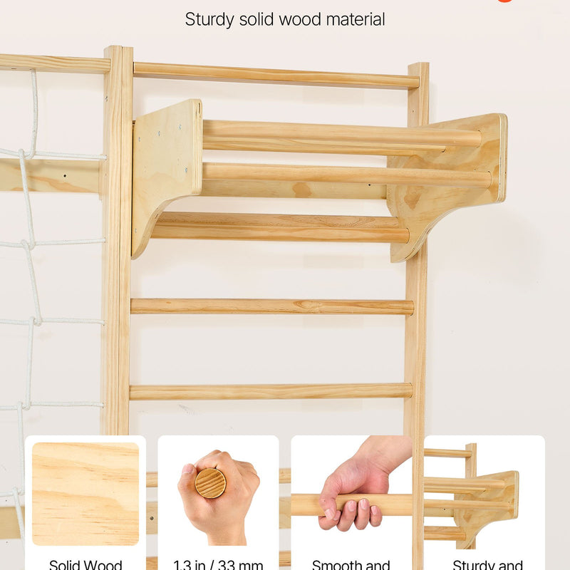 VEVOR zviedru sienas kāpnes, sienas trenažieris, 8-in-1, 12 līmeņu masīvkoka, bērniem un pieaugušajiem, iekšējais “jungle gym” rotaļu un treniņu komplekts ar kāpšanas dēli, pievilkšanās stieni, sienas kāpnēm, slidkalniņu un šūpolēm, kravnesība 99,79 kg