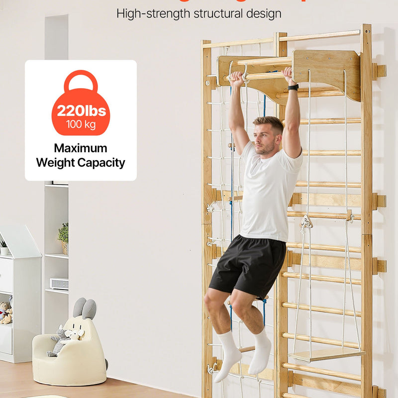 VEVOR zviedru sienas kāpnes, sienas trenažieris, 8-in-1, 12 līmeņu masīvkoka, bērniem un pieaugušajiem, iekšējais “jungle gym” rotaļu un treniņu komplekts ar kāpšanas dēli, pievilkšanās stieni, sienas kāpnēm, slidkalniņu un šūpolēm, kravnesība 99,79 kg