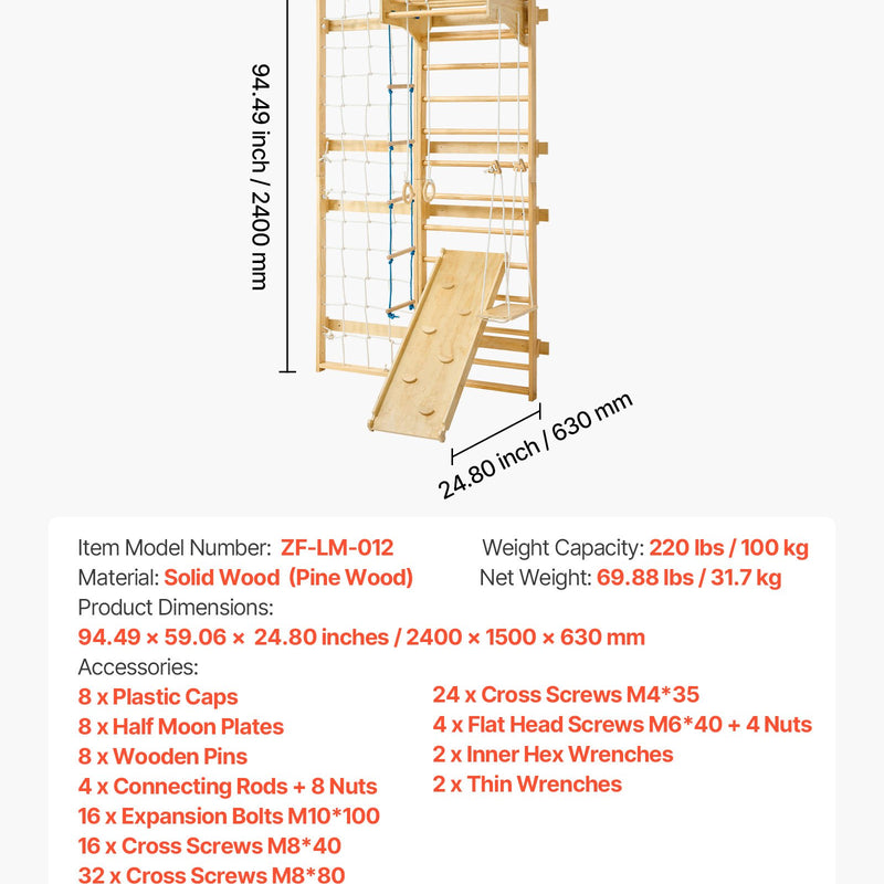 VEVOR zviedru sienas kāpnes, sienas trenažieris, 8-in-1, 12 līmeņu masīvkoka, bērniem un pieaugušajiem, iekšējais “jungle gym” rotaļu un treniņu komplekts ar kāpšanas dēli, pievilkšanās stieni, sienas kāpnēm, slidkalniņu un šūpolēm, kravnesība 99,79 kg