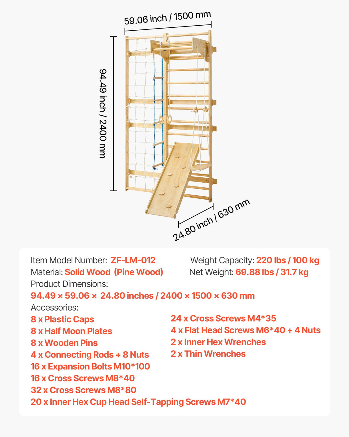VEVOR 8 in 1 Solid Wood Swedish Wall 12 Levels with Climbing Board, Slide and Swing, Up to 100 kg