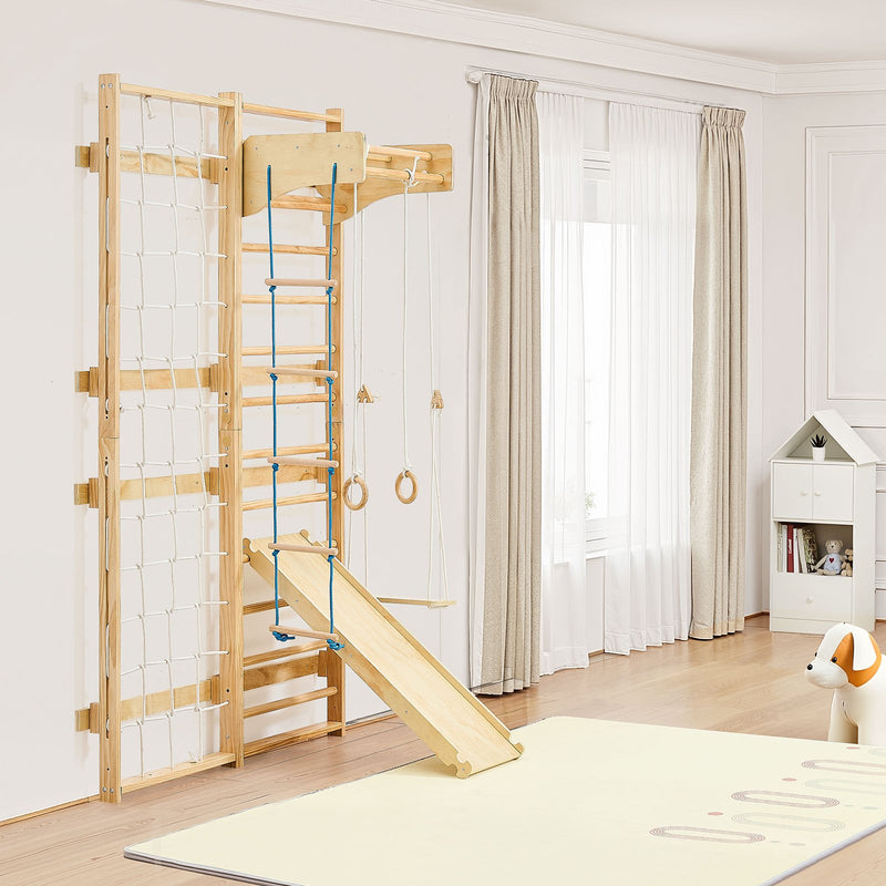VEVOR zviedru sienas kāpnes, sienas trenažieris, 8-in-1, 12 līmeņu masīvkoka, bērniem un pieaugušajiem, iekšējais “jungle gym” rotaļu un treniņu komplekts ar kāpšanas dēli, pievilkšanās stieni, sienas kāpnēm, slidkalniņu un šūpolēm, kravnesība 99,79 kg