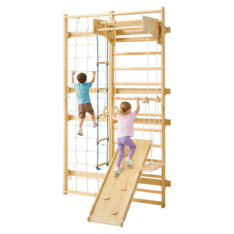 VEVOR zviedru sienas kāpnes, sienas trenažieris, 8-in-1, 12 līmeņu masīvkoka, bērniem un pieaugušajiem, iekšējais “jungle gym” rotaļu un treniņu komplekts ar kāpšanas dēli, pievilkšanās stieni, sienas kāpnēm, slidkalniņu un šūpolēm, kravnesība 99,79 kg