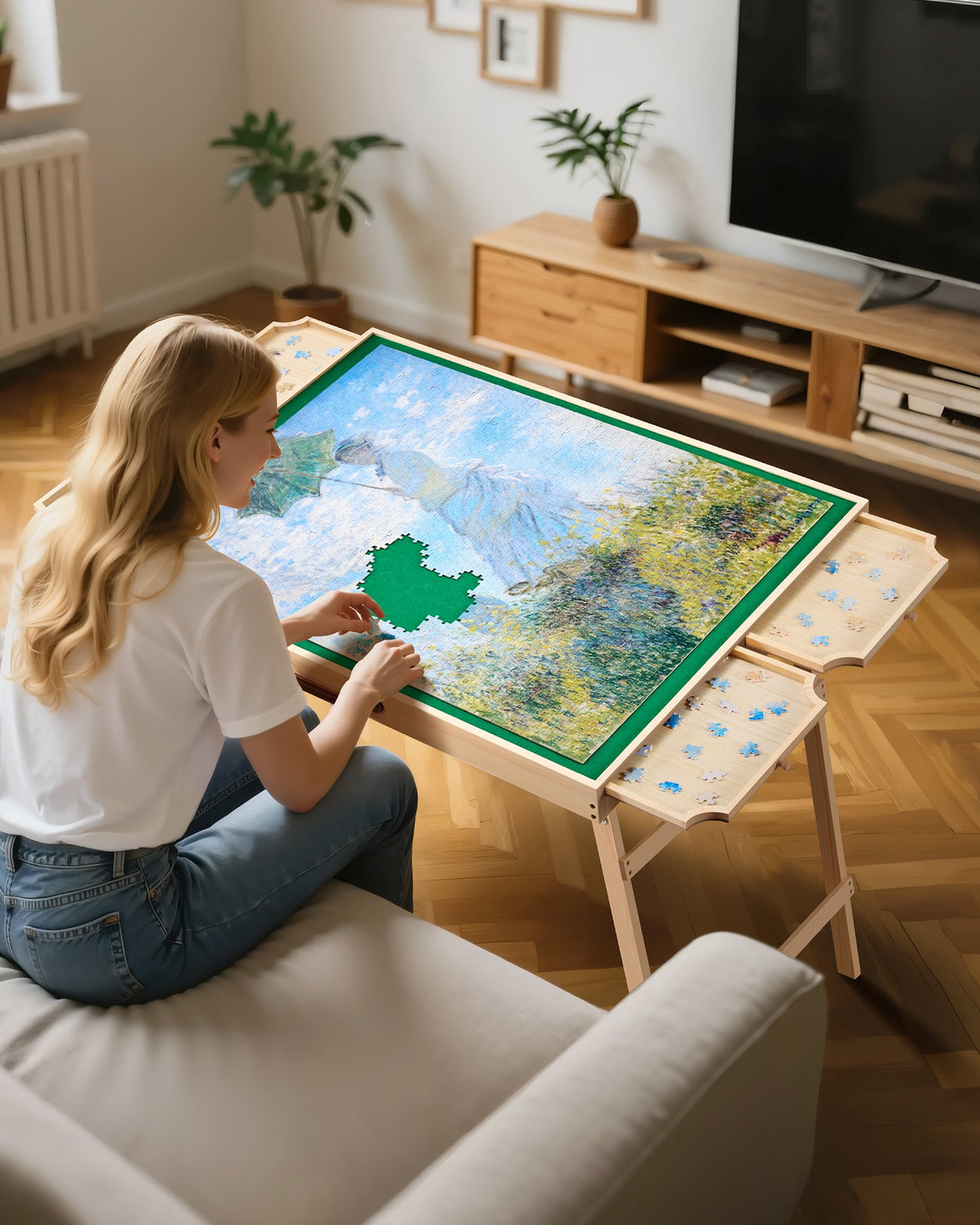 VEVOR 1500 detaļu puzles galds ar salokāmām kājām, 4 atvilktnēm un pārsegu, 86 x 63 cm pārnēsājams koka dēlis ar filca virsmu, regulējams 6 slīpuma leņķos, puzļu piederumi pieaugušajiem, dāvana mammai - ZEMLETES.LV
