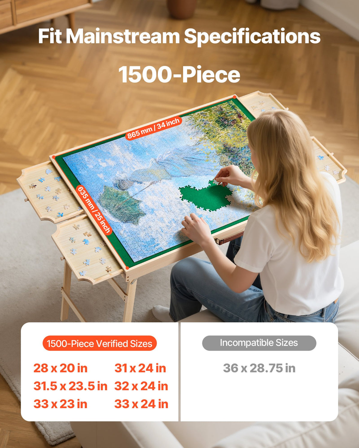 VEVOR 1500 detaļu puzles galds ar salokāmām kājām, 4 atvilktnēm un pārsegu, 86 x 63 cm pārnēsājams koka dēlis ar filca virsmu, regulējams 6 slīpuma leņķos, puzļu piederumi pieaugušajiem, dāvana mammai - ZEMLETES.LV
