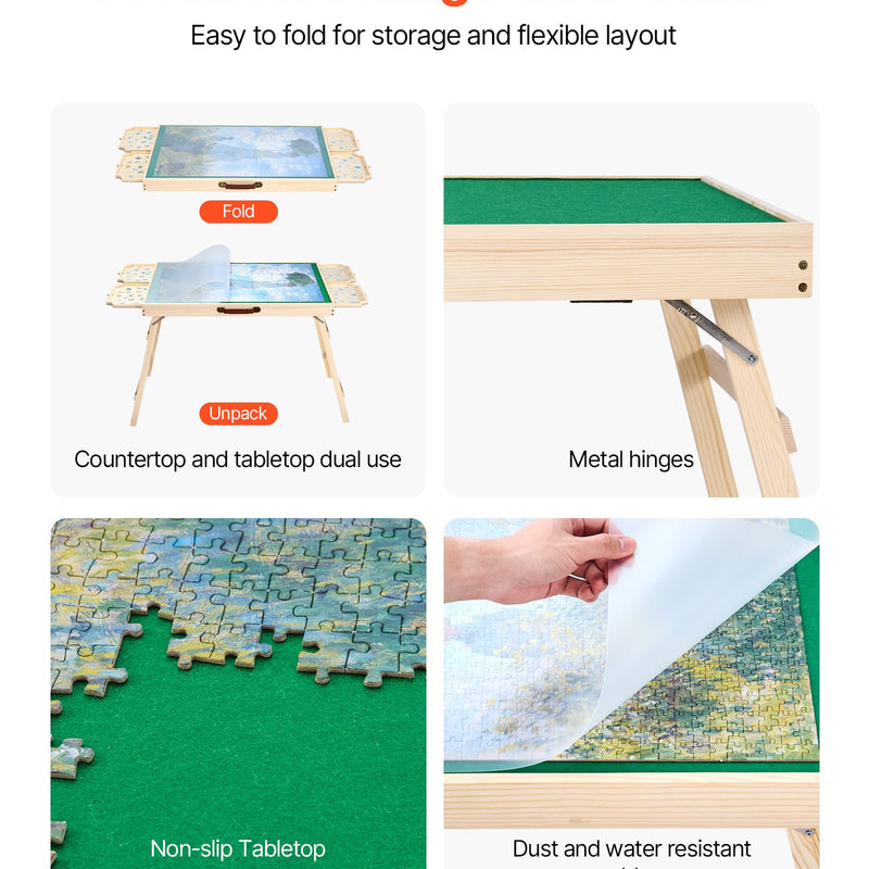VEVOR 1500 detaļu puzles galds ar salokāmām kājām, 4 atvilktnēm un pārsegu, 86 x 63 cm pārnēsājams koka dēlis ar filca virsmu, regulējams 6 slīpuma leņķos, puzļu piederumi pieaugušajiem, dāvana mammai