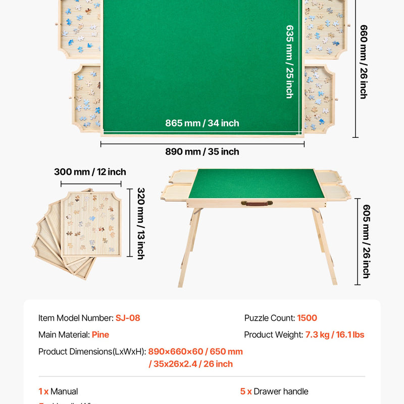 VEVOR 1500 detaļu puzles galds ar salokāmām kājām, 4 atvilktnēm un pārsegu, 86 x 63 cm pārnēsājams koka dēlis ar filca virsmu, regulējams 6 slīpuma leņķos, puzļu piederumi pieaugušajiem, dāvana mammai