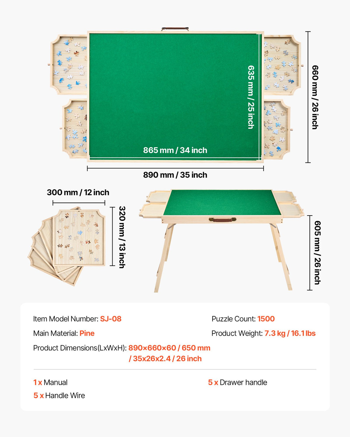 VEVOR 1500 detaļu puzles galds ar salokāmām kājām, 4 atvilktnēm un pārsegu, 86 x 63 cm pārnēsājams koka dēlis ar filca virsmu, regulējams 6 slīpuma leņķos, puzļu piederumi pieaugušajiem, dāvana mammai - ZEMLETES.LV