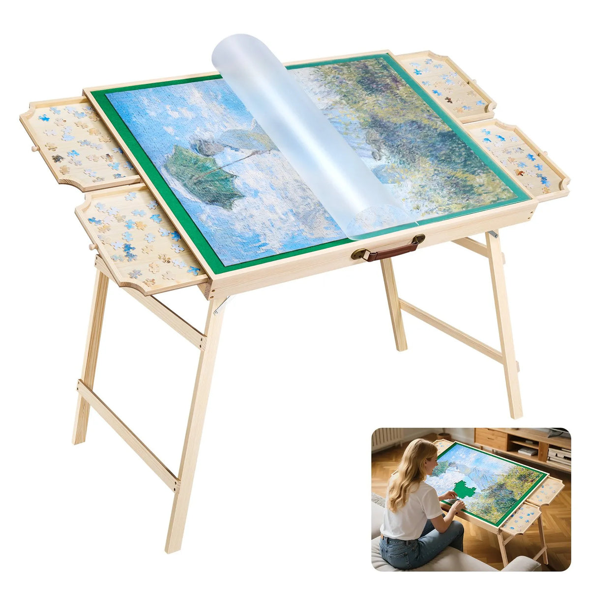 VEVOR 1500 detaļu puzles galds ar salokāmām kājām, 4 atvilktnēm un pārsegu, 86 x 63 cm pārnēsājams koka dēlis ar filca virsmu, regulējams 6 slīpuma leņķos, puzļu piederumi pieaugušajiem, dāvana mammai - ZEMLETES.LV