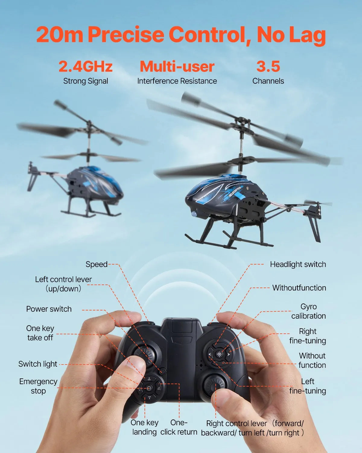VEVOR RC-helikopter 2,4 GHz 3,5 kanaliga kõrguse hoidmise ja LED-iga, 16 min lend, alates 8 a