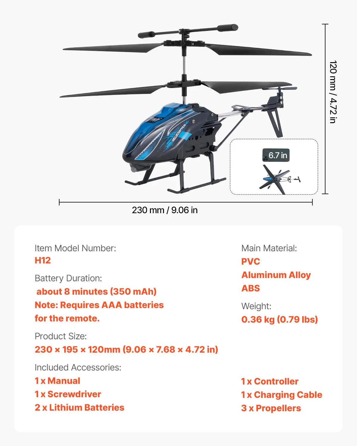 VEVOR RC-helikopter 2,4 GHz 3,5 kanaliga kõrguse hoidmise ja LED-iga, 16 min lend, alates 8 a
