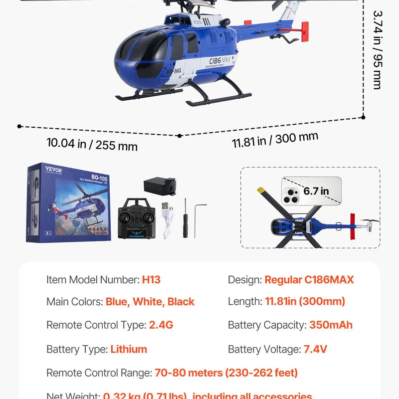 VEVOR RC helikopters, 2,4 GHz 4 propelleru tālvadības helikopters ar 6 asu žiroskopu, 4 kanālu RC lidmašīna iesācējiem, LED apgaismojums un pacelšanās/nolaišanās ar vienu pogu, rotaļlieta bērniem no 8 gadu vecuma