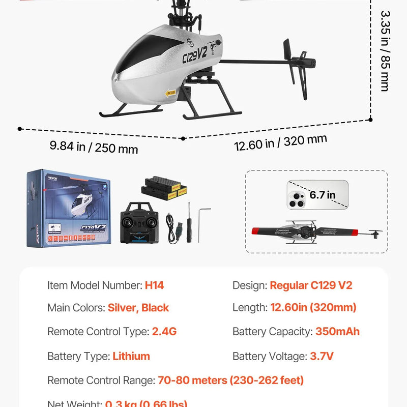 VEVOR RC helikopters, 2,4 GHz vienas propellera tālvadības helikopters ar žiroskopu, 4 kanālu RC lidaparāts iesācējiem, 39 minūšu lidojuma laiks, viena taustiņa pacelšanās/nosēšanās, rotaļlieta bērniem no 8 gadu vecuma