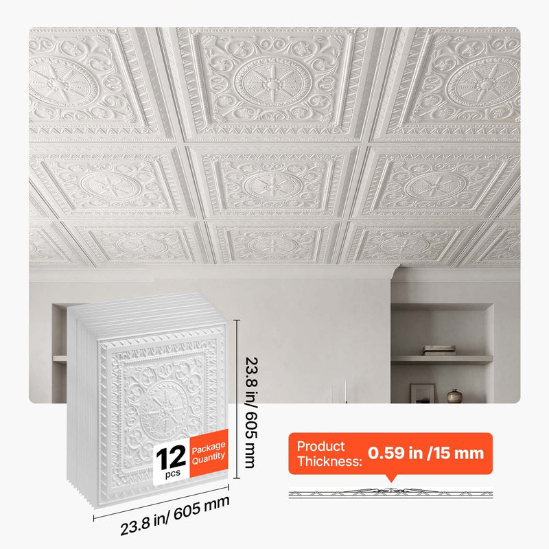 VEVOR PVC griestu flīzes 605 × 605 mm, 12 gab., baltas 3D ģeometriskas dekoratīvās plāksnes, gluda PVC virsma piekaramajiem griestiem, triecienizturīgas, krāsojamas, viegli griežamas, modernam mājas un biroja interjeram