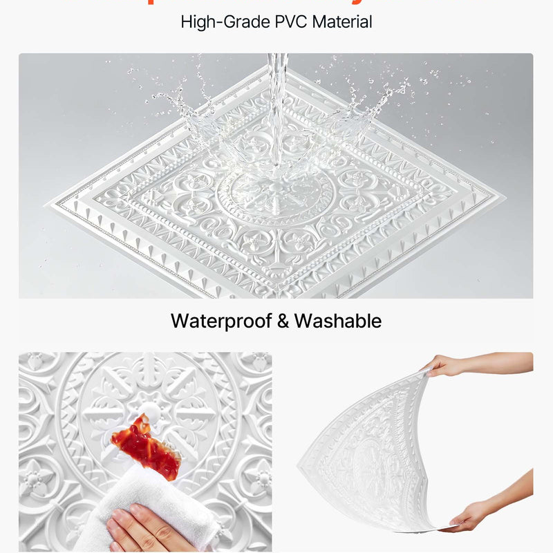 VEVOR PVC griestu flīzes 605 × 605 mm, 12 gab., baltas 3D ģeometriskas dekoratīvās plāksnes, gluda PVC virsma piekaramajiem griestiem, triecienizturīgas, krāsojamas, viegli griežamas, modernam mājas un biroja interjeram