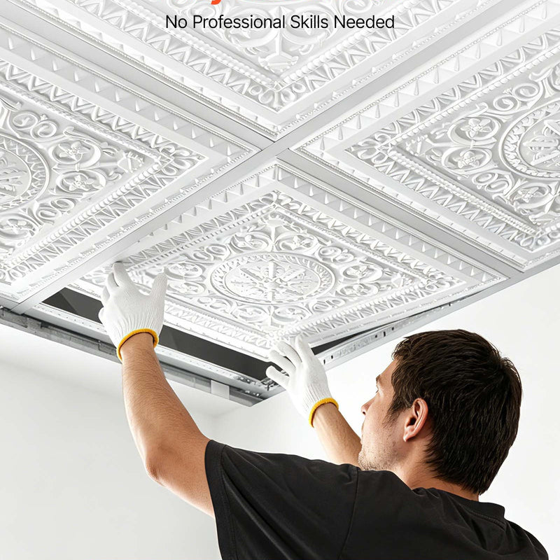 VEVOR PVC griestu flīzes 605 × 605 mm, 12 gab., baltas 3D ģeometriskas dekoratīvās plāksnes, gluda PVC virsma piekaramajiem griestiem, triecienizturīgas, krāsojamas, viegli griežamas, modernam mājas un biroja interjeram
