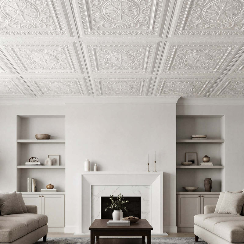 VEVOR PVC griestu flīzes 605 × 605 mm, 12 gab., baltas 3D ģeometriskas dekoratīvās plāksnes, gluda PVC virsma piekaramajiem griestiem, triecienizturīgas, krāsojamas, viegli griežamas, modernam mājas un biroja interjeram