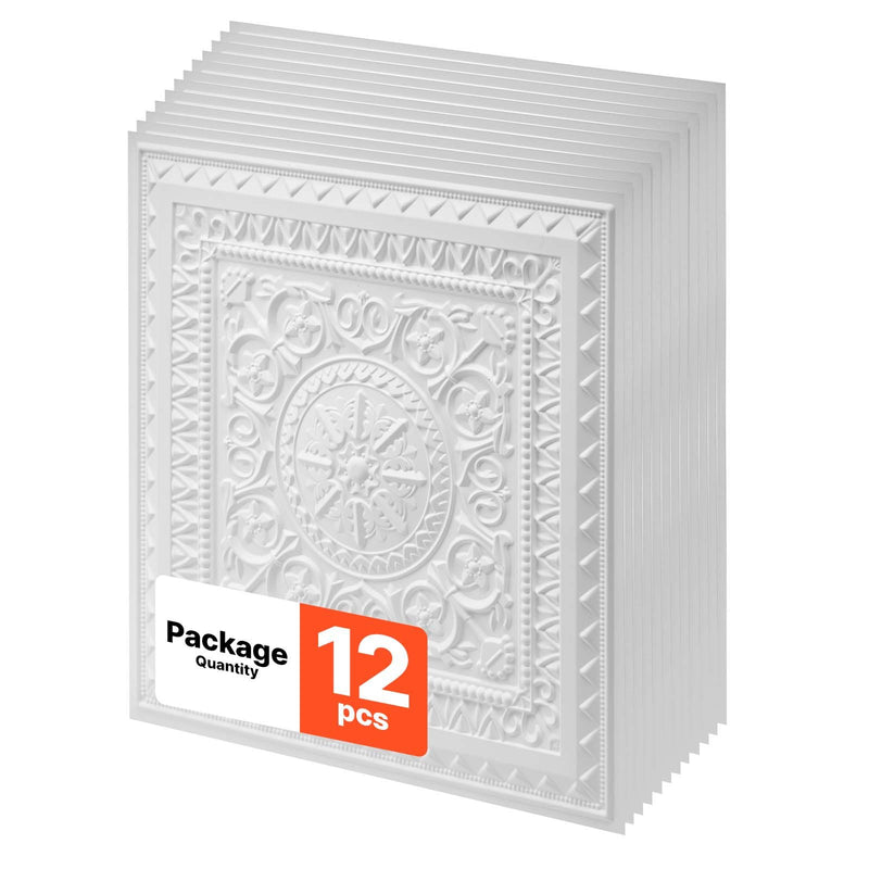 VEVOR PVC griestu flīzes 605 × 605 mm, 12 gab., baltas 3D ģeometriskas dekoratīvās plāksnes, gluda PVC virsma piekaramajiem griestiem, triecienizturīgas, krāsojamas, viegli griežamas, modernam mājas un biroja interjeram