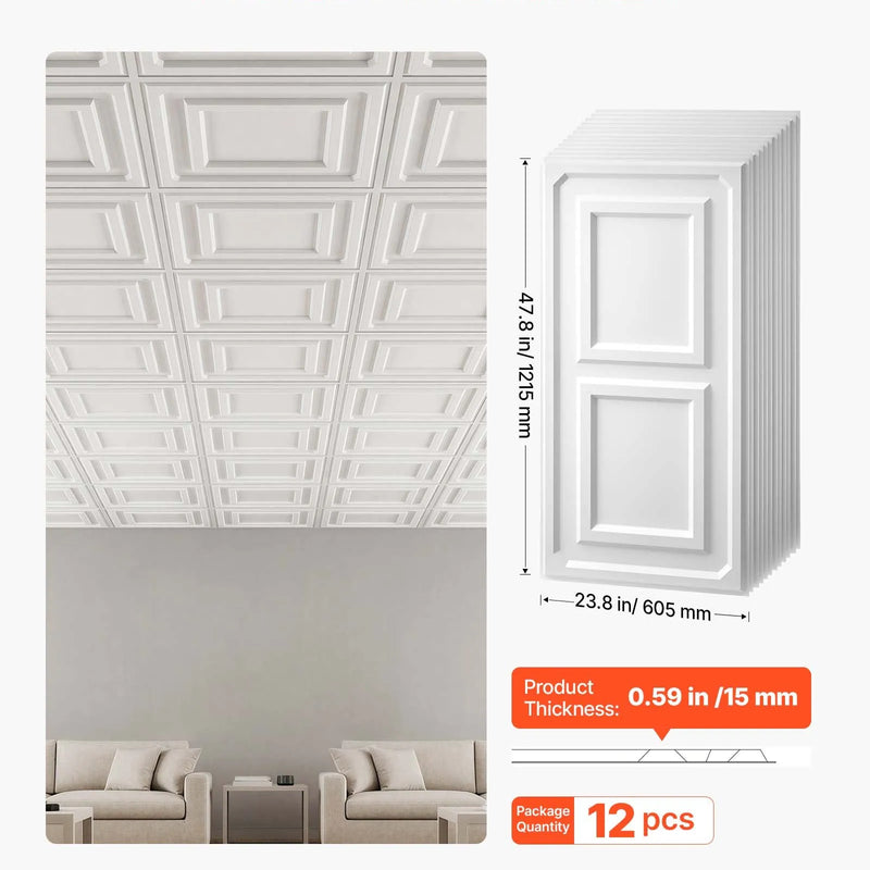 VEVOR PVC griestu flīzes 605 × 1215 mm, 12 gab., baltas 3D tekstūras dekoratīvie paneļi, gluda PVC loksne piekaramajiem griestiem, triecienizturīga un krāsojama virsma, viegli griežami, modernam mājas un biroja interjeram