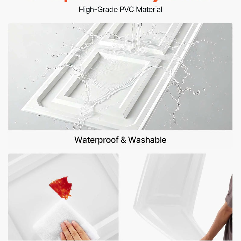 VEVOR PVC griestu flīzes 605 × 1215 mm, 12 gab., baltas 3D tekstūras dekoratīvie paneļi, gluda PVC loksne piekaramajiem griestiem, triecienizturīga un krāsojama virsma, viegli griežami, modernam mājas un biroja interjeram