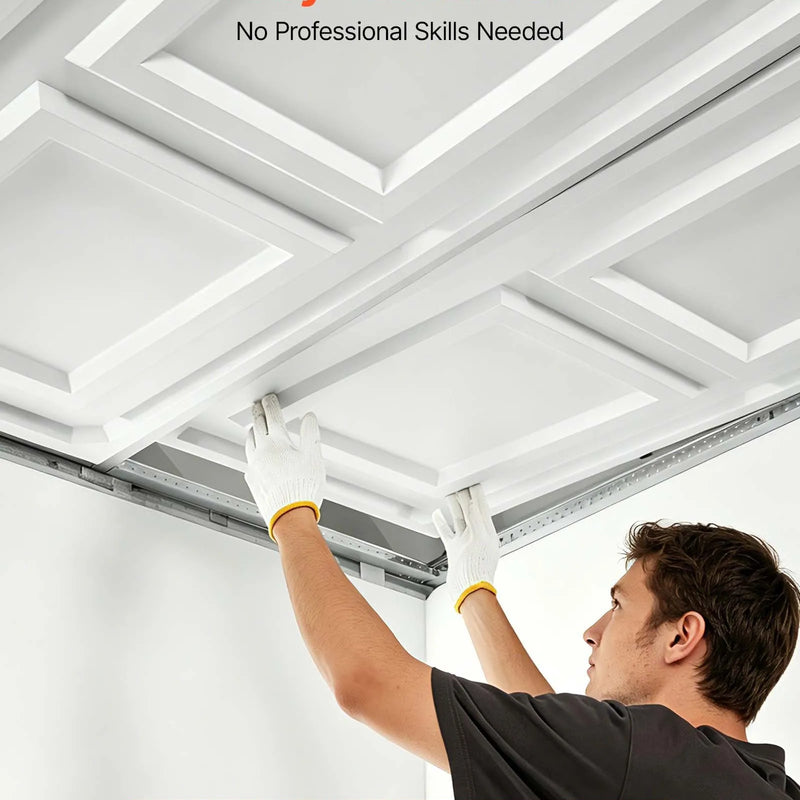 VEVOR PVC griestu flīzes 605 × 1215 mm, 12 gab., baltas 3D tekstūras dekoratīvie paneļi, gluda PVC loksne piekaramajiem griestiem, triecienizturīga un krāsojama virsma, viegli griežami, modernam mājas un biroja interjeram