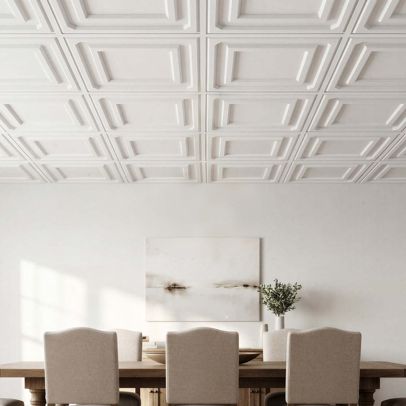 VEVOR PVC griestu flīzes 605 × 1215 mm, 12 gab., baltas 3D tekstūras dekoratīvie paneļi, gluda PVC loksne piekaramajiem griestiem, triecienizturīga un krāsojama virsma, viegli griežami, modernam mājas un biroja interjeram
