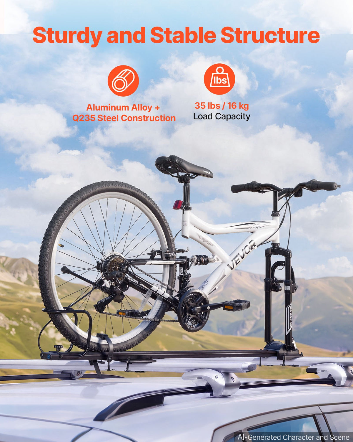 VEVOR velosipēda jumta turētājs, 16 kg, 1 velosipēdam, alumīnija sakausējums un Q235 tērauds, melns