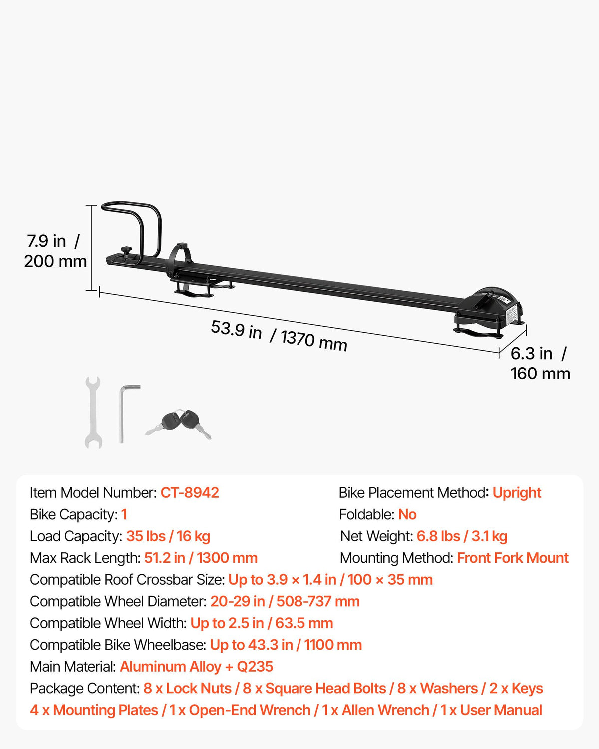 VEVOR velosipēda jumta turētājs, 16 kg, 1 velosipēdam, alumīnija sakausējums un Q235 tērauds, melns