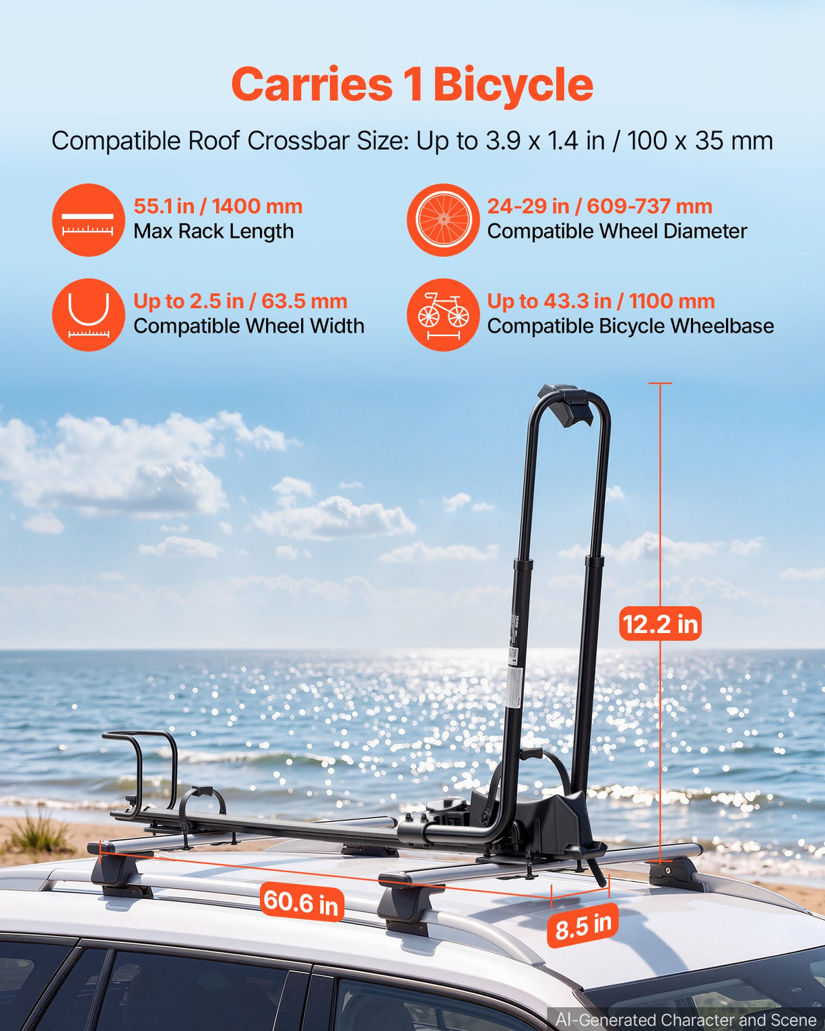 VEVOR salokāms velosipēda jumta turētājs automašīnai, 1 velosipēdam, kravnesība 20 kg, alumīnija sakausējums un tērauds, ar drošības slēdzeni, melns