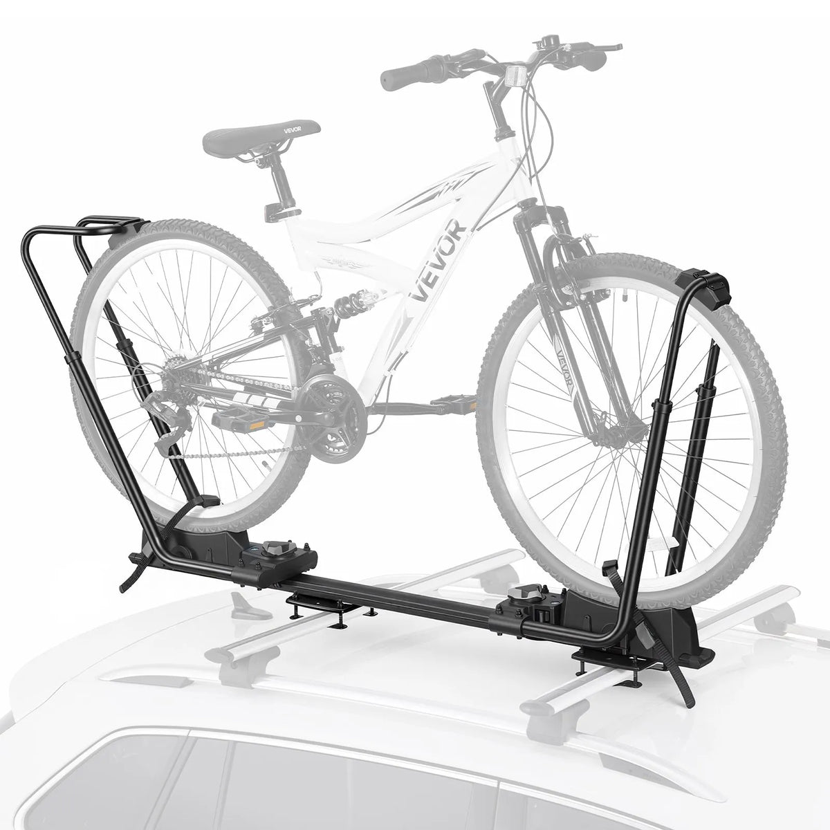 VEVOR salokāms velosipēda jumta turētājs automašīnai, 1 velosipēdam, kravnesība 20 kg, alumīnija sakausējuma un tērauda konstrukcija, ar divu punktu stiprinājumu un drošības slēdzeni