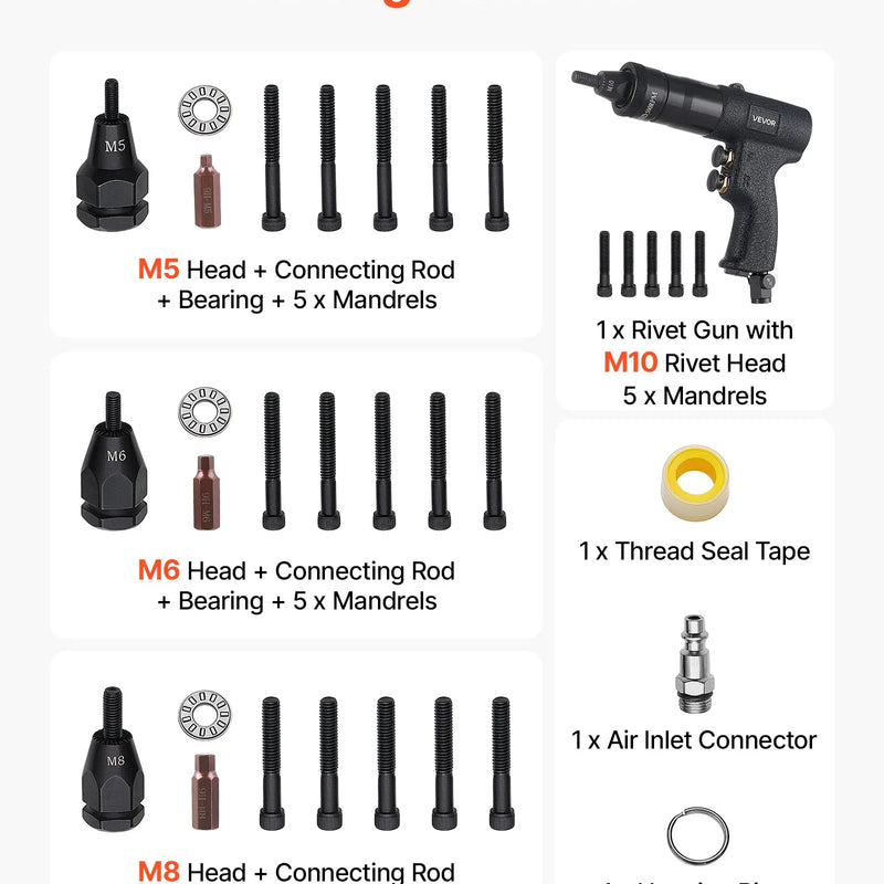 VEVOR pneimatiskais kniedējamo uzgriežņu instruments, M5 M6 M8 M10 uzgaļi, 20 serdeņi, 2500 LBS spēks, turpgaitas un reversa slēdzis, gaisa kniedējamo uzgriežņu pistole auto, celtniecībai un rūpniecībai