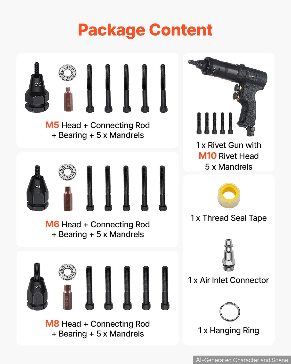 VEVOR Pneumatic Rivet Nut Gun M5–M10, 11 kN, with 20 Inserts, Forward and Reverse