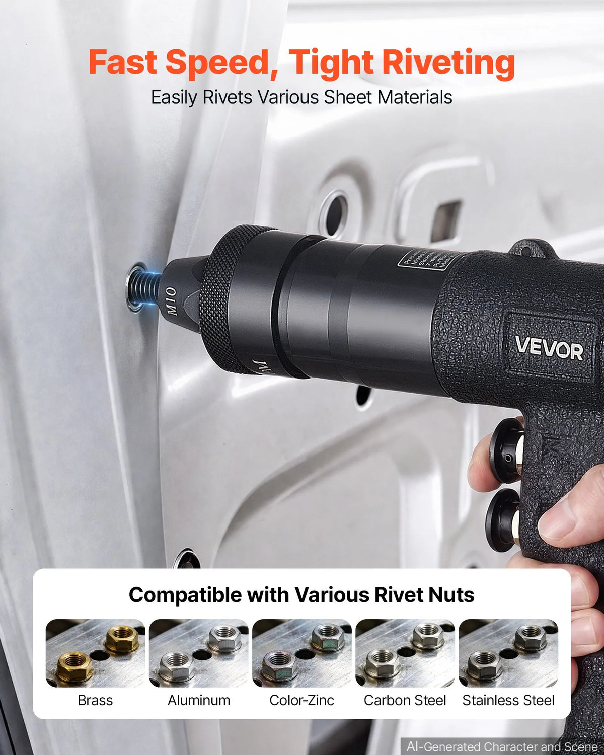 VEVOR Pneumatic Rivet Nut Gun M5–M10, 11 kN, with 20 Inserts, Forward and Reverse