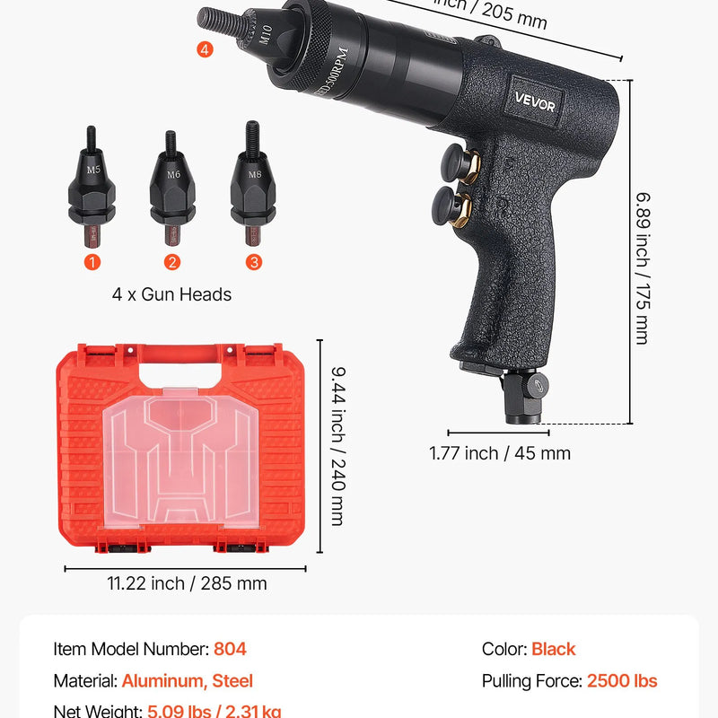 VEVOR pneimatiskais kniedējamo uzgriežņu instruments, M5 M6 M8 M10 uzgaļi, 20 serdeņi, 2500 LBS spēks, turpgaitas un reversa slēdzis, gaisa kniedējamo uzgriežņu pistole auto, celtniecībai un rūpniecībai