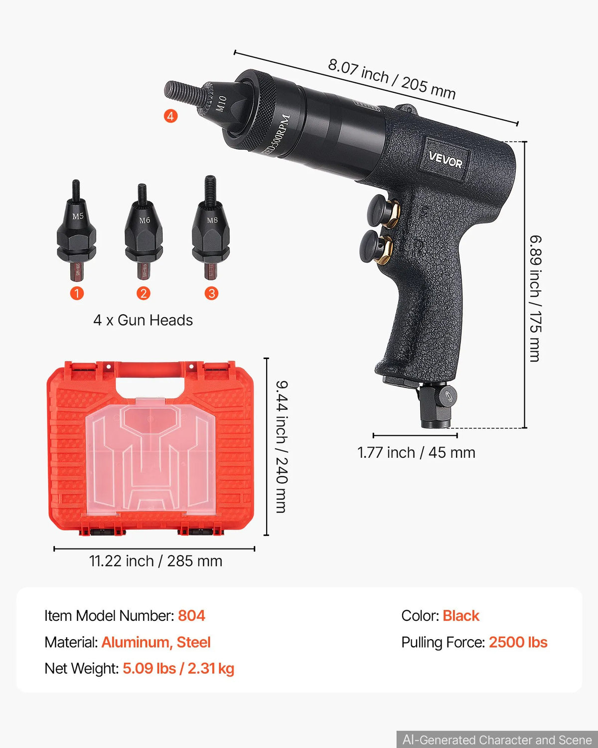 VEVOR Pneumatic Rivet Nut Gun M5–M10, 11 kN, with 20 Inserts, Forward and Reverse