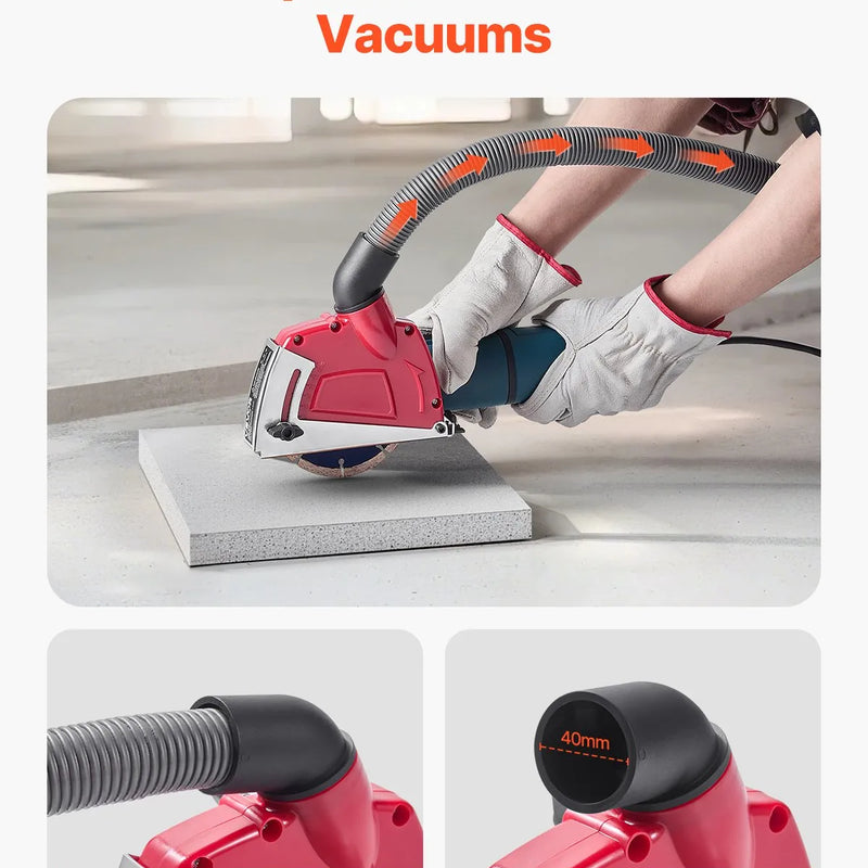 VEVOR griešanas putekļu pārsegs leņķa slīpmašīnai, universāls 10,2–12,7 cm leņķa slīpmašīnas putekļu pārsegs ar 6 stiprinājuma paplāksnēm, regulējams griešanas dziļums, savienojams ar putekļsūcēju, piemērots koka, betona, sienu un akmens griešanai