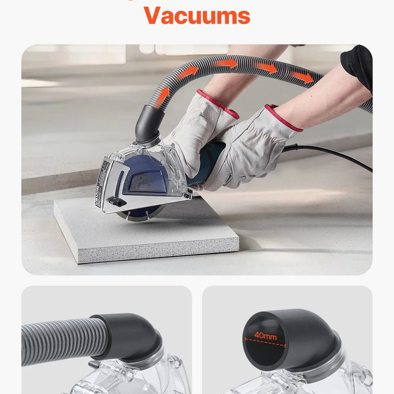 VEVOR griešanas putekļu pārsegs leņķa slīpmašīnai, universāls 10,2–12,7 cm leņķa slīpmašīnas putekļu pārsegs ar 6 stiprinājuma paplāksnēm un 12,7 cm dimanta slīpēšanas kausa disku, regulējams griešanas dziļums, savienojams ar putekļsūcēju