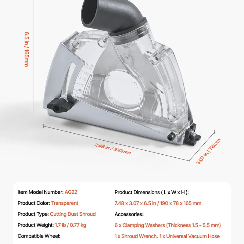 VEVOR griešanas putekļu pārsegs leņķa slīpmašīnai, universāls 10,2–12,7 cm leņķa slīpmašīnas putekļu pārsegs ar 6 stiprinājuma paplāksnēm un 12,7 cm dimanta slīpēšanas kausa disku, regulējams griešanas dziļums, savienojams ar putekļsūcēju
