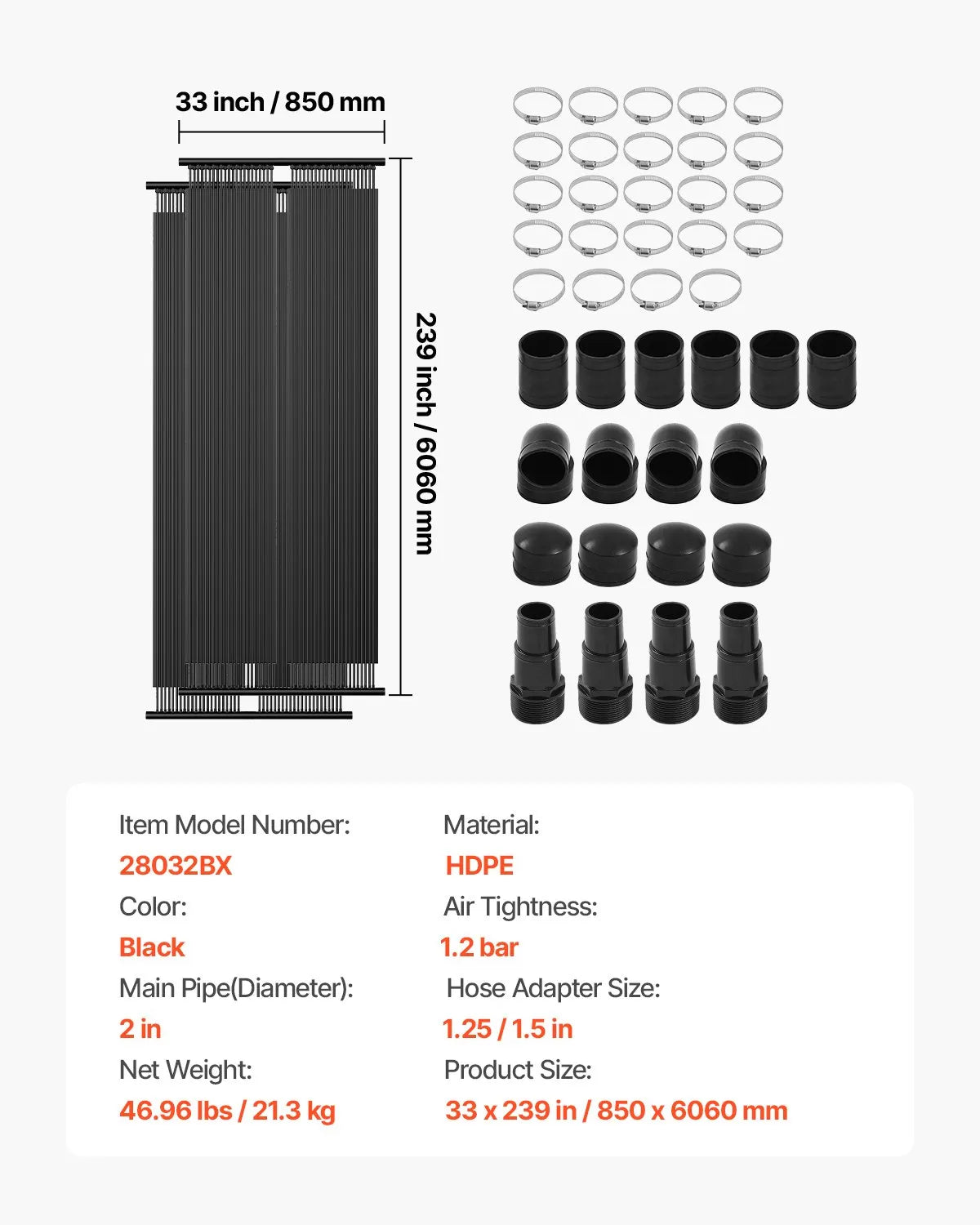 VEVOR Solar Pool Heater, 0.84 × 6.1 m HDPE Solar Collector Panel (2 pcs), Durable and Weather-Resistant, with Complete Accessory Kit, Universal Solution for Water Temperature Increase for Above-Ground and In-Ground Pools