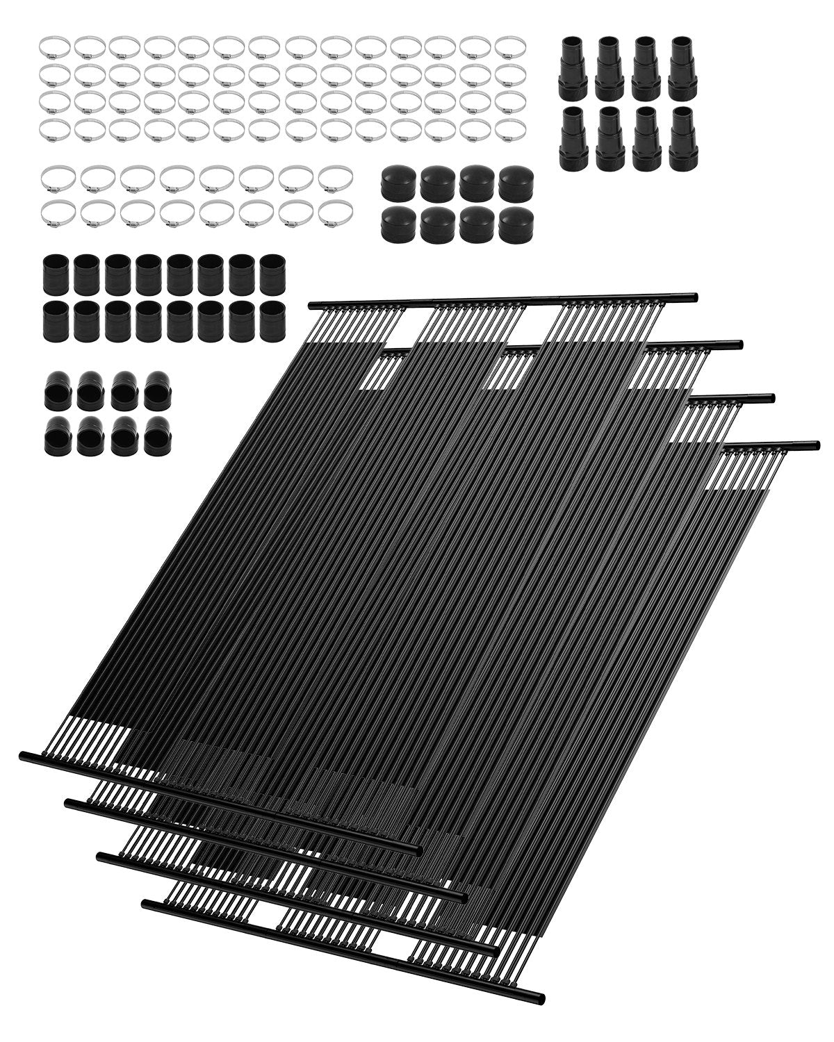 VEVOR Saules baseina sildītājs, 1,22 × 3,05 m HDPE saules paneļi (4 gab.) ar pilnu piederumu komplektu, izturīgi un laikapstākļu noturīgi, universāli ūdens temperatūras paaugstināšanai, piemēroti virszemes un iebūvējamajiem baseiniem - ZEMLETES.LV